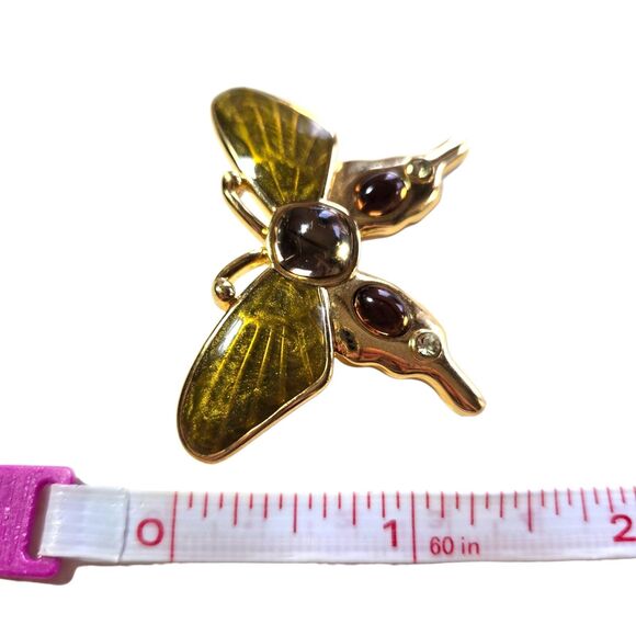 Monet Gold-Tone Enamel Butterfly Brooch Pin Amber Cabochon Moth Figural 90s Vtg - Picture 7 of 7